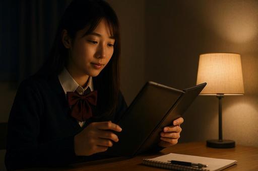 夜の部屋で学ぶ女子学生 夜の部屋で学ぶ女子学生の写真