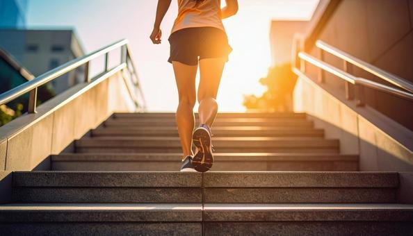 階段を駆け上がる日本人の女性ランナー 階段を駆け上がる日本人の女性ランナーの写真