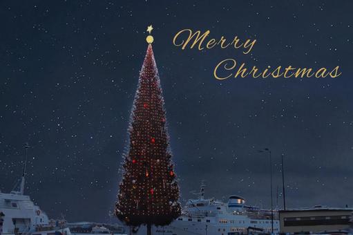 北欧 港のクリスマスツリーとメッセージ クリスマスツリー,クリスマス,ライトアップの写真素材