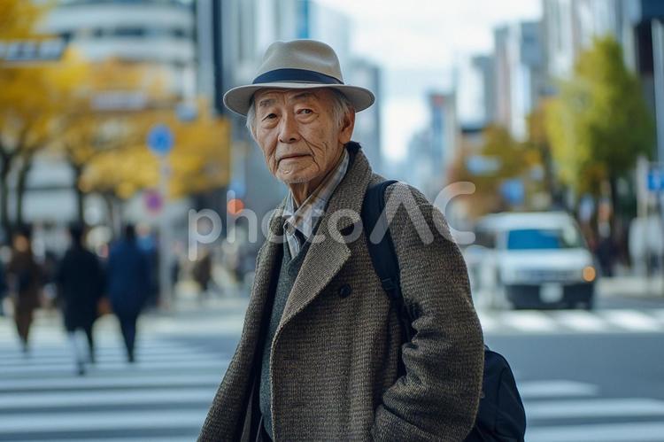 横断歩道を歩く高齢男性 男性,道路,横断歩道の写真素材