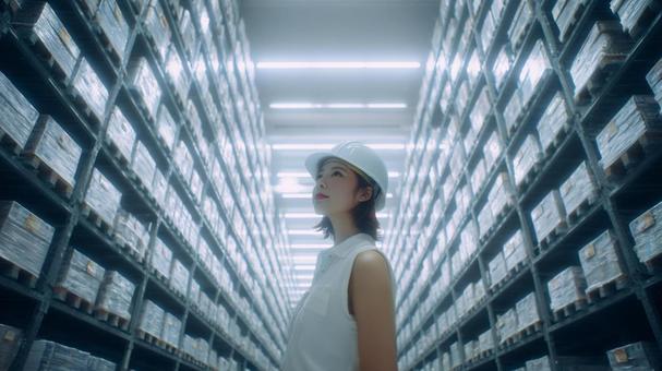 物流倉庫を見上げる女性 物流倉庫を見上げる女性の写真