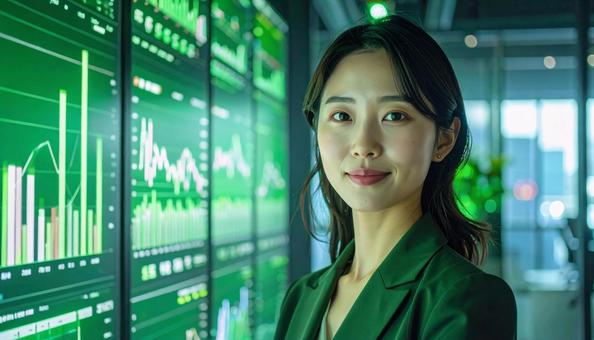 ディルプレイのチャートの前に立つ女性社員 ディルプレイのチャートの前に立つ女性社員の写真