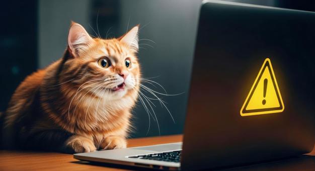 パソコンのエラーメッセージに驚く猫 パソコンのエラーメッセージに驚く猫の写真