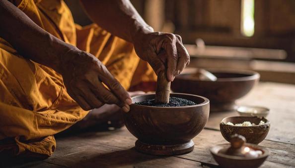 ゴマをする僧侶の男性の手もと ゴマをする僧侶の男性の手もとの写真