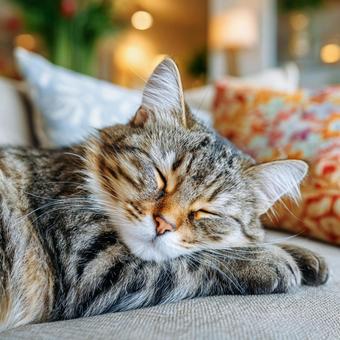 リビングでくつろぐリラックスした猫 リビングでくつろぐリラックスした猫の写真