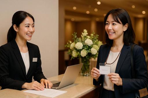 名札を付けた受付シーン 名札を付けた受付シーンの写真