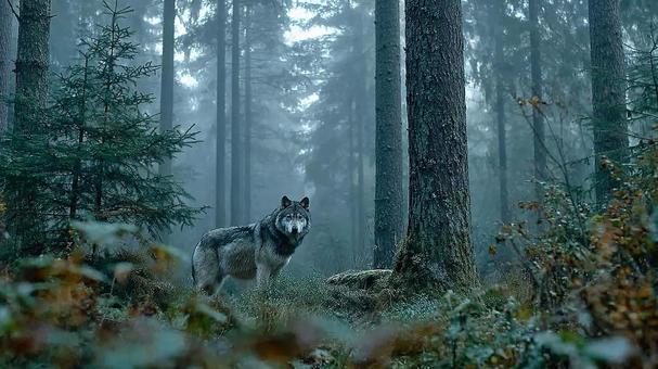 北欧の森の霧とオオカミの姿 北欧の森の霧とオオカミの姿の写真