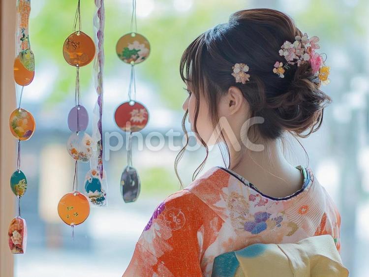 風鈴と浴衣女性 女の子,女性,浴衣の写真素材