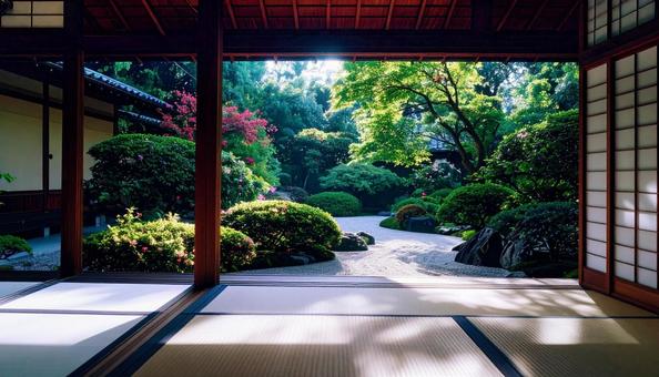 和室から眺める日本庭園 和室から眺める日本庭園の写真
