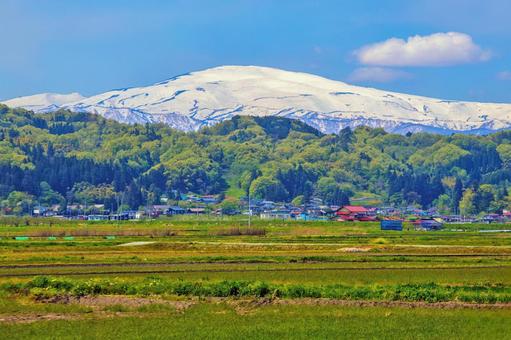 初夏の山形県中山町と残雪の霊峰月山と集落 月山,山形,中山町の写真素材