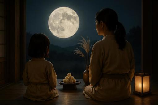 満月に照らされる親子の月見風景 満月に照らされる親子の月見風景の写真
