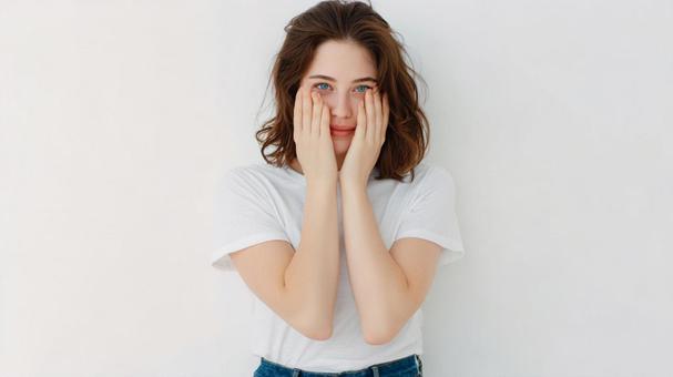 困惑した表情で顔に手を当てる女性の写真