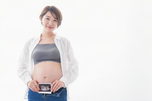 エコー画像を持つ若い妊婦 子ども,つわり,命の写真素材