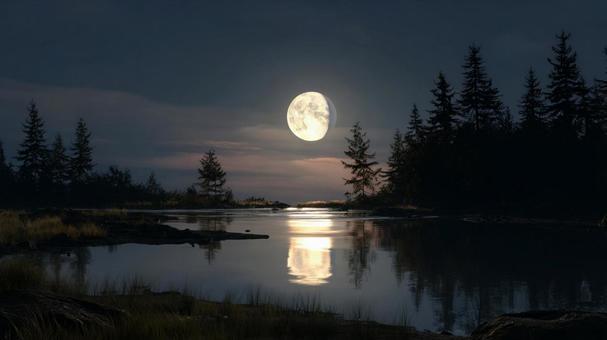 満月の夜：静寂な海の風景の写真