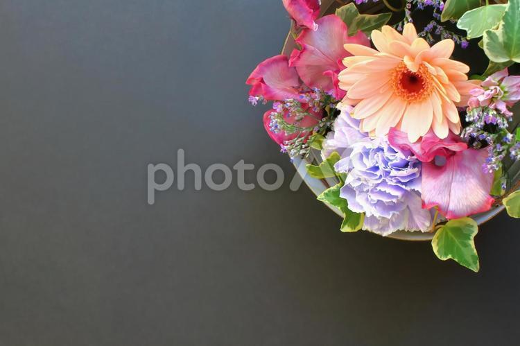 ガーベラのフラワーアレンジメント黒背景 花,花束,植物の写真素材