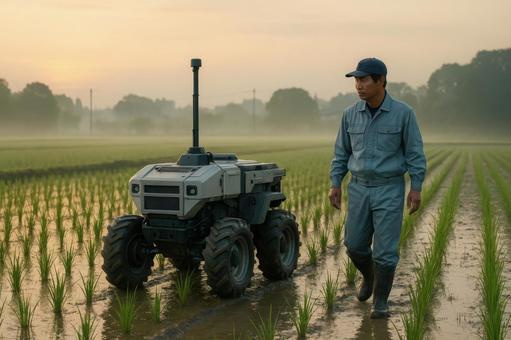 農業支援ロボットと田んぼ 農業支援ロボットと田んぼの写真