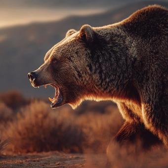 走るグリズリーの迫力ある側面の写真