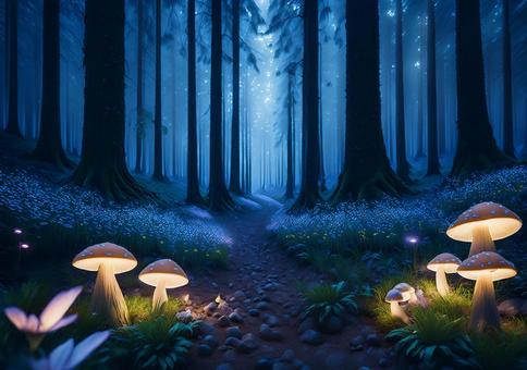 青い森に灯る幻想のキノコライト 青い森に灯る幻想のキノコライトの写真
