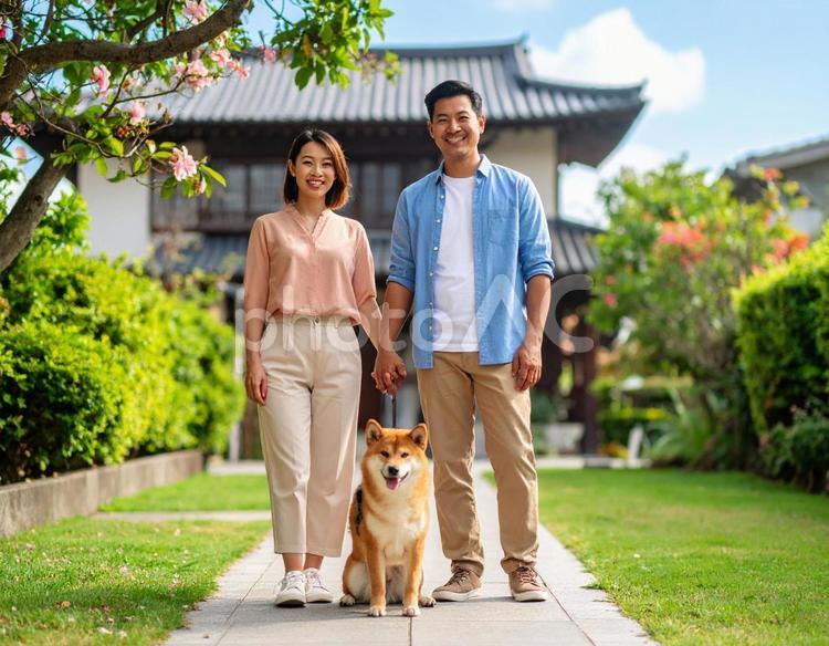 柴犬と家族 柴犬,家族,郊外の写真素材