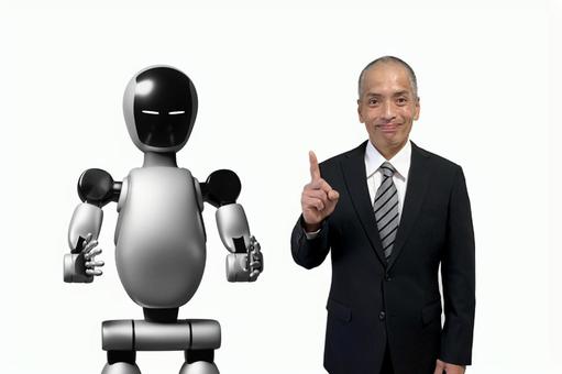 最先端の人型ロボットの説明をする中年男性 最先端の人型ロボットの説明をする中年男性 スーツ,男性,ビジネスの写真素材
