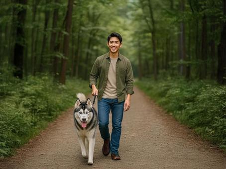 犬の散歩する男性 犬の散歩する男性の写真