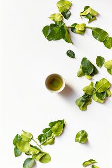 真上から見たドクダミ茶と葉っぱ 真上から見たドクダミ茶と葉っぱの写真