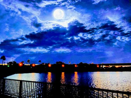 月明かりの反射 月明かり,満月,月の写真素材