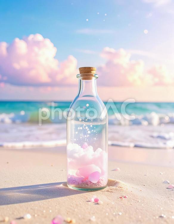 ボトルの中のピンクの夢 海,ビーチ,ボトルの写真素材