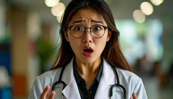 驚いた表情の女性医師 驚いた表情の女性医師の写真