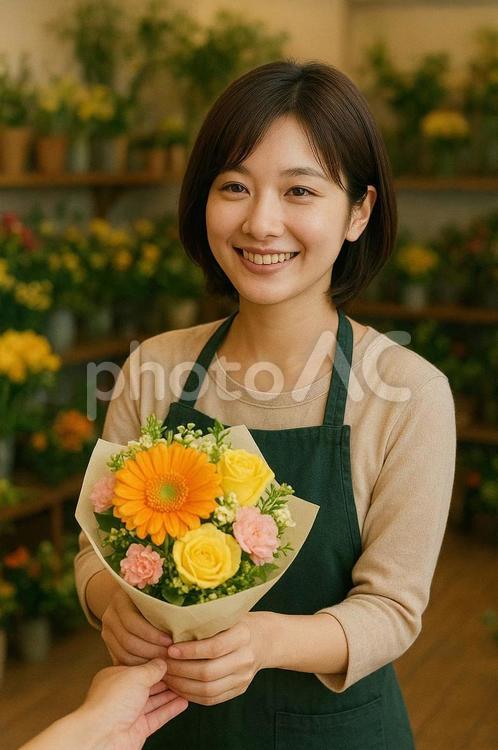 お花屋さんで働く素敵な笑顔の女性 女性,ブーケ,微笑むの写真素材