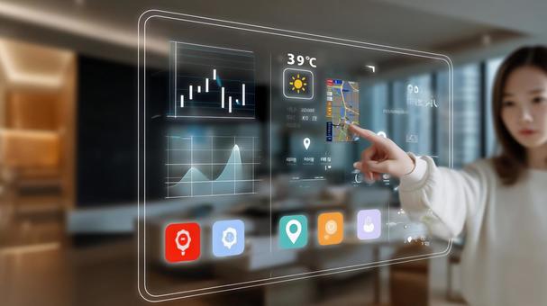 ホログラムで説明する女性 ホログラムで説明する女性の写真