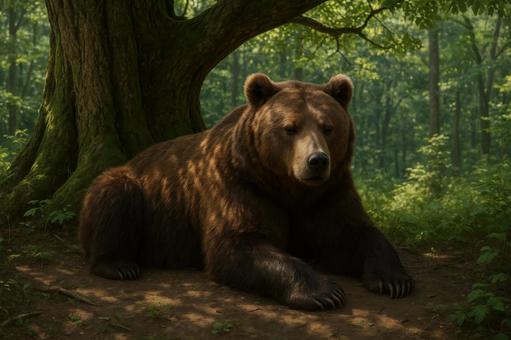 木陰で休むヒグマ 木陰で休むヒグマの写真