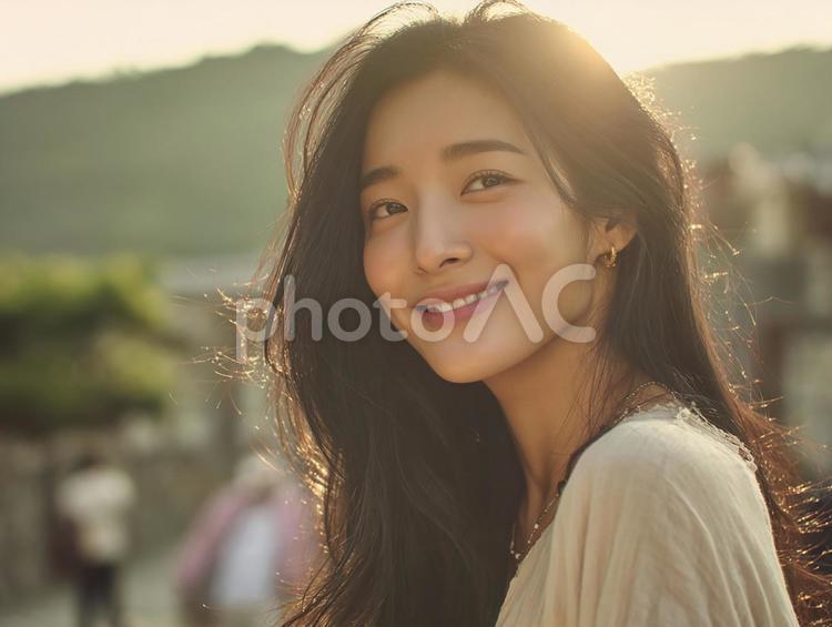 海辺の夕焼けと女性 女性,アジア人,笑顔の写真素材