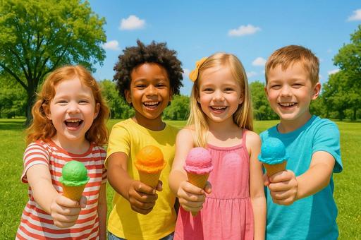 夏の公園でアイスを食べる子供たち 夏の公園でアイスを食べる子供たちの写真