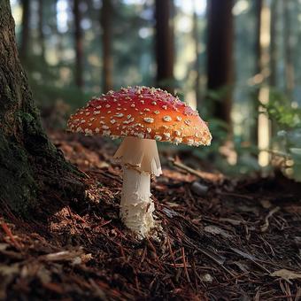 メルヘンチックな秋の森の毒キノコ メルヘンチックな秋の森の毒キノコの写真
