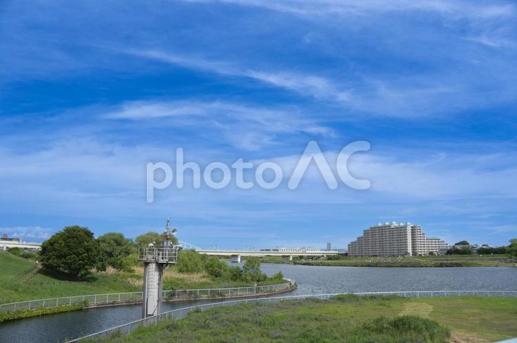 二ヶ領用水から多摩川を望む 青空,風景,空の写真素材
