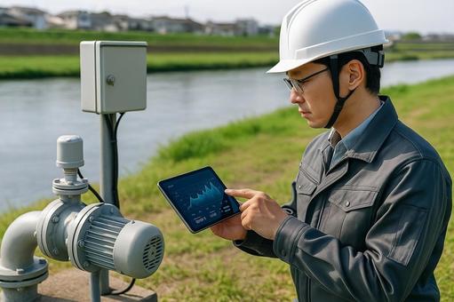 河川屋外設備をタブレット点検 河川屋外設備をタブレット点検の写真
