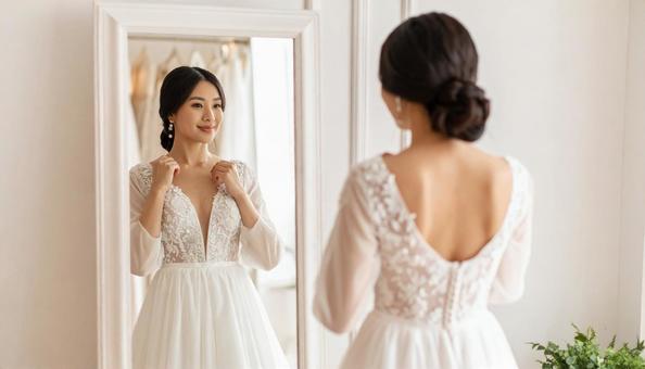 ウエディングドレスを試着する花嫁 ウエディングドレスを試着する花嫁の写真