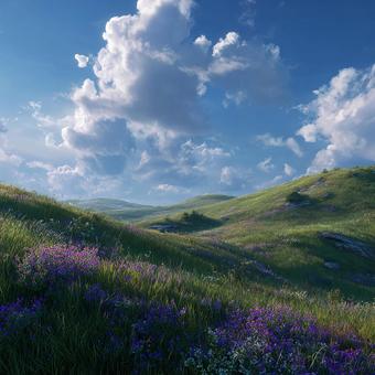 希望に満ちた牧歌的な丘陵の写真