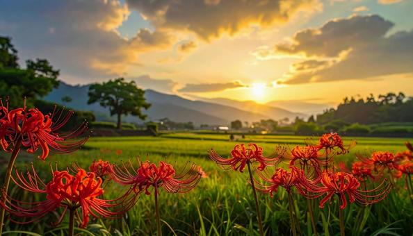夕日の中の彼岸花の花畑 夕日の中の彼岸花の花畑の写真