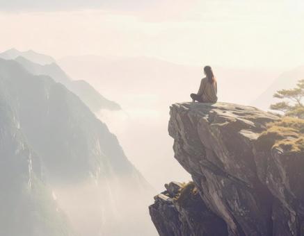 崖の女性と絶景 崖の女性と絶景の写真