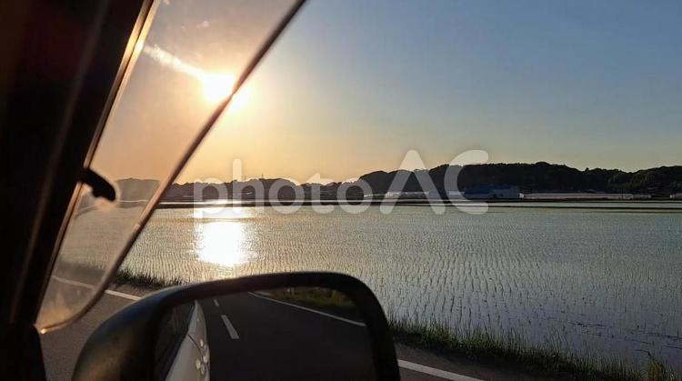 夕暮れ 夕ぐれ,夕日,田んぼの写真素材