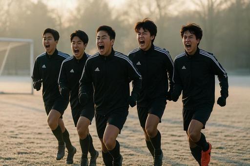 朝焼けに吠えるサッカー選手 朝焼けに吠えるサッカー選手の写真