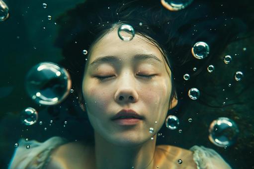 泡に囲まれた水中の女性 泡に囲まれた水中の女性の写真