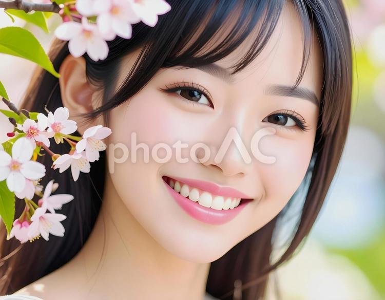 若い女性と桜のアップ　AI生成画像 　 女性,桜,若いの写真素材