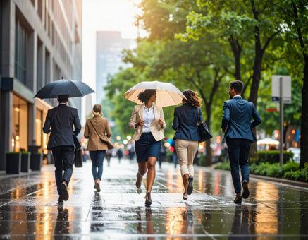 オフィス街の夕立 オフィス街の夕立の写真