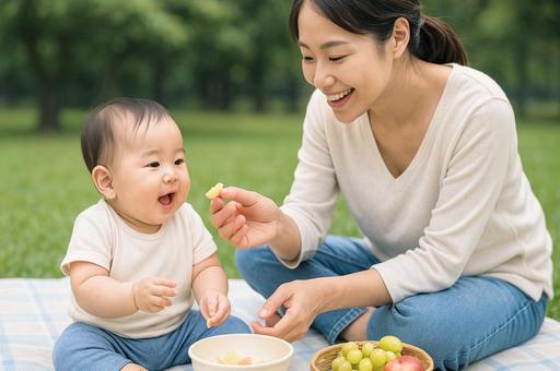 ピクニックでフルーツを食べる赤ちゃん ピクニックでフルーツを食べる赤ちゃんの写真