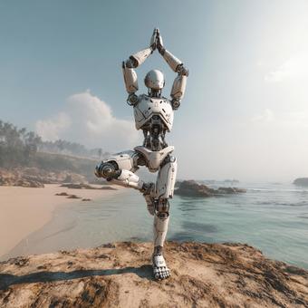 夕焼けの海辺でヨガをする瞑想的なロボット 夕焼けの海辺でヨガをする瞑想的なロボットの写真