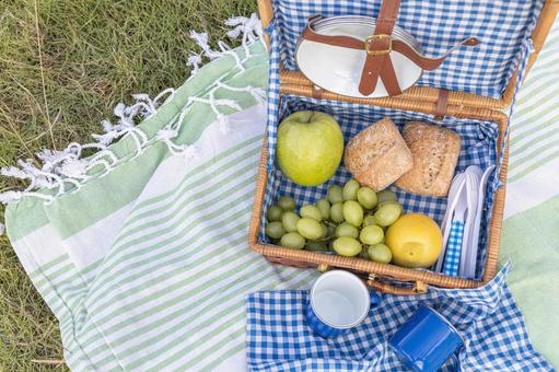 真上から見たピクニックバスケットの食べ物 ピクニックバスケット,ランチ,ぶどうの写真素材