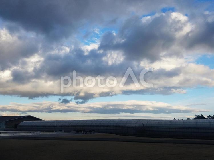 壮大な曇り空とビニールハウス 壮大,曇り空,ビニールハウスの写真素材